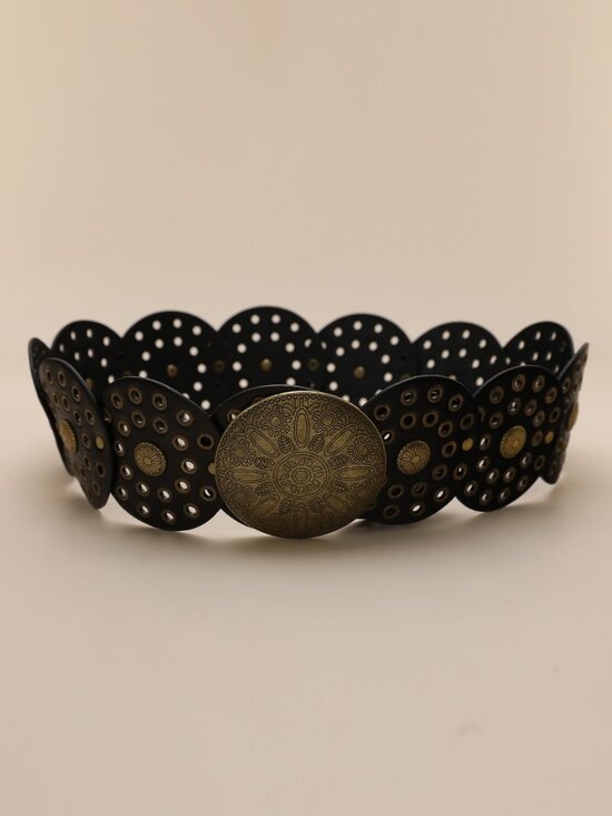 Black Casual Women\'s Boho Western Style Hollow Out Metal Round Buckle Belt main image 7